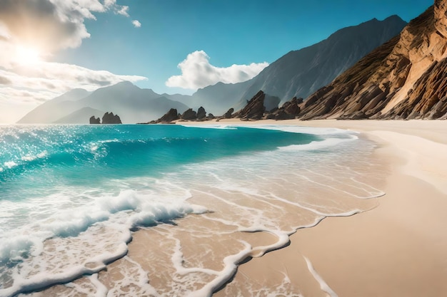 a beach with a mountain in the background