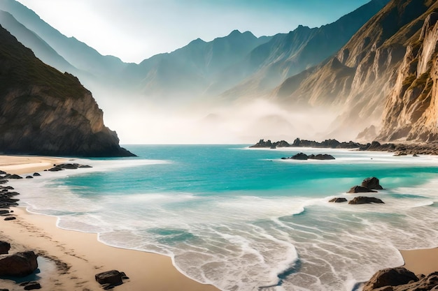 a beach with a mountain in the background