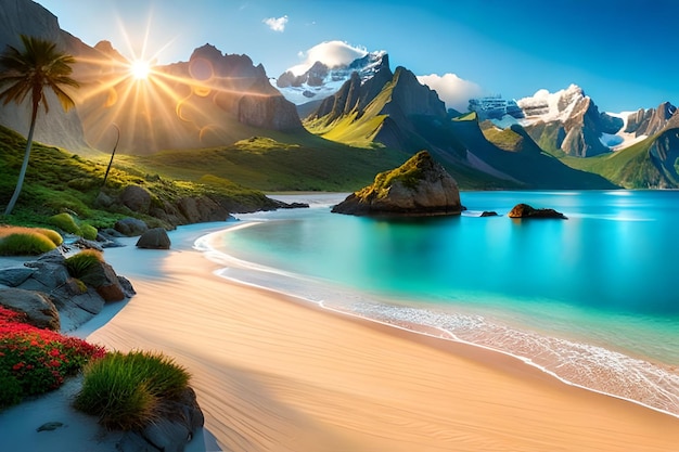 A beach with a mountain and the sun shining down on it