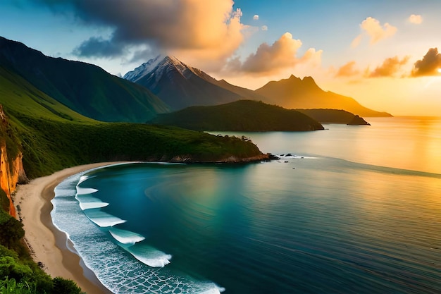 A beach with mountains in the background