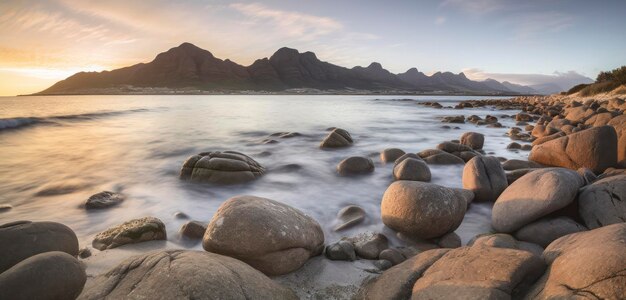 A beach with mountains in the background