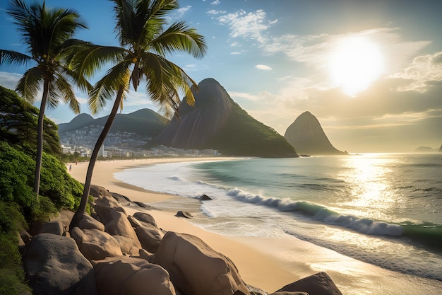 A beach with mountains in the background