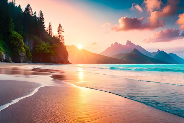 A beach with mountains in the background