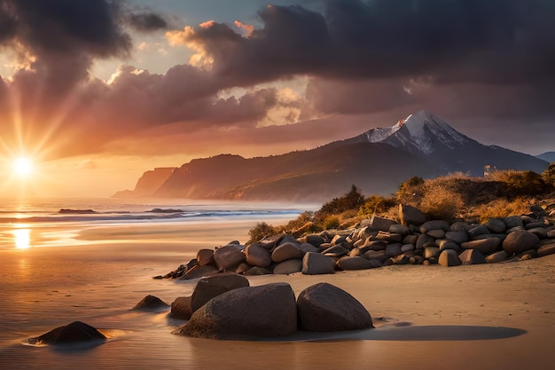 A beach with mountains in the background