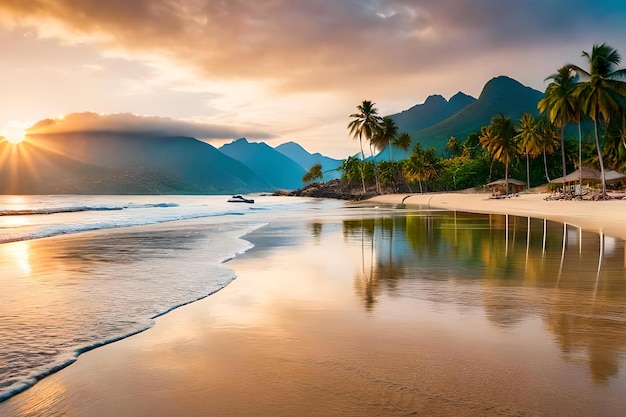 A beach with mountains in the background