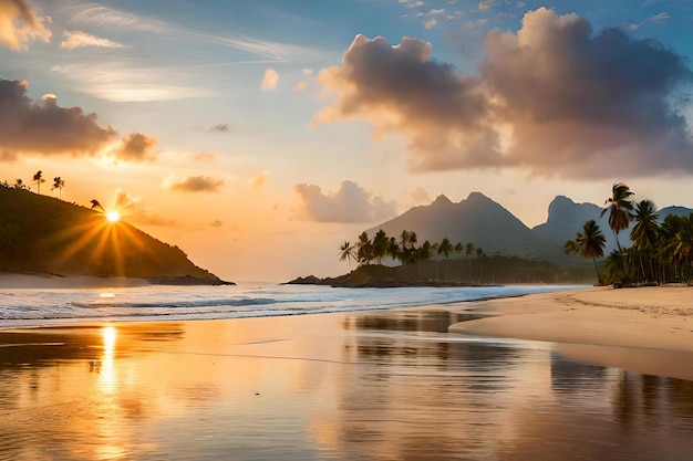 A beach with mountains in the background