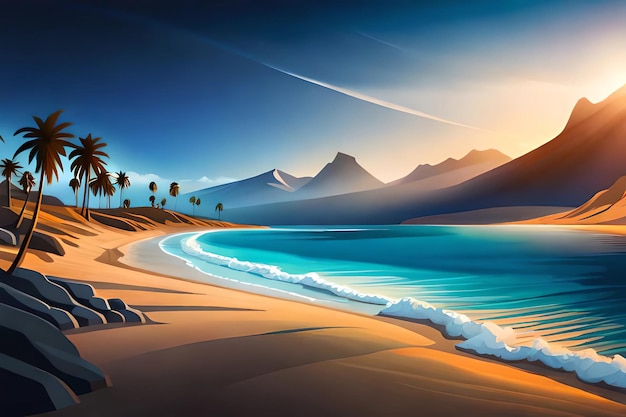 A beach with mountains and a beach with palm trees on it