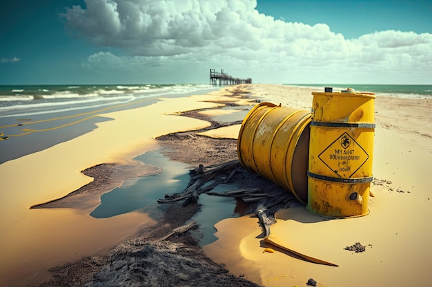 Beach with oil slicks and other hazardous materials after marine accident