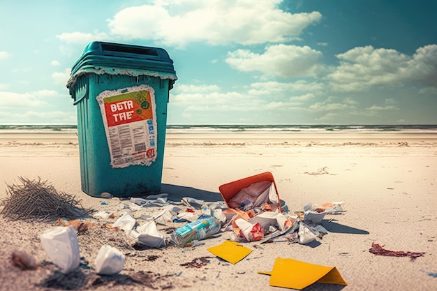 Beach with overflowing trash can and fly food wrappers visible in the frame