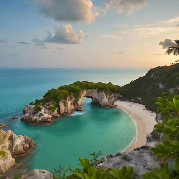 Photo a beach with a palm tree and a beach in the background