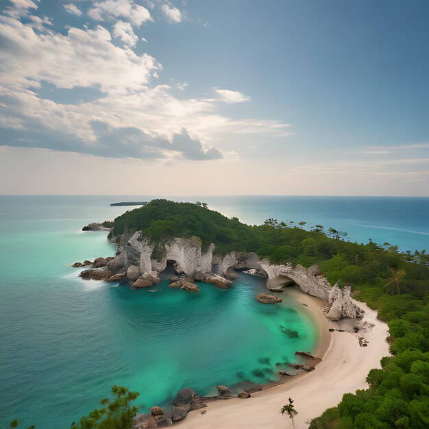 Photo a beach with a palm tree and a beach with a beach in the middle