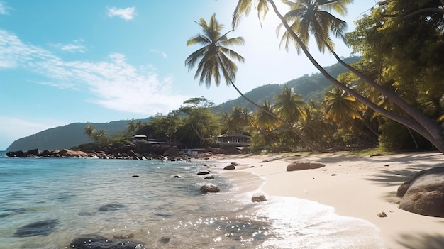 a beach with a palm tree and a beach with a mountain in the background.