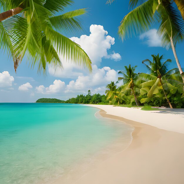 a beach with a palm tree and a blue sky