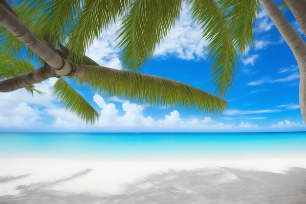 A beach with a palm tree and a blue sky