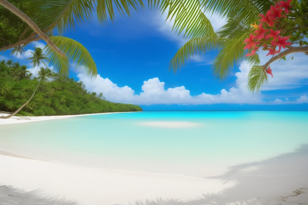 A beach with a palm tree and a blue sky