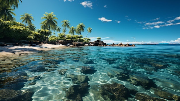 A beach with a palm tree and a blue sky