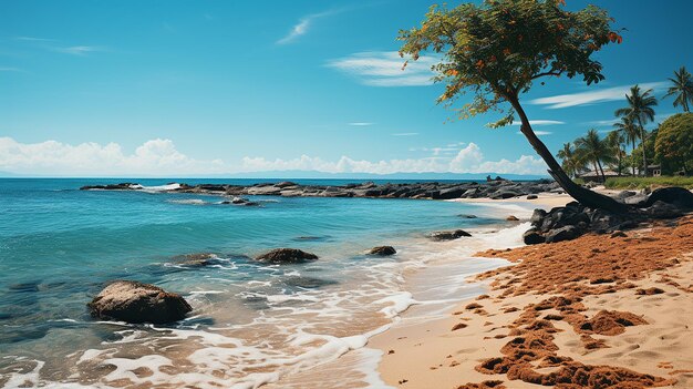 A beach with a palm tree and a blue sky