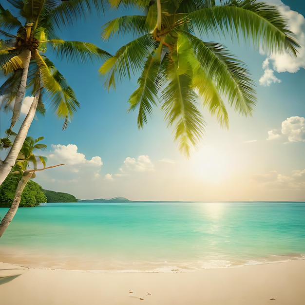 Foto una spiaggia con una palma e una barca sull'acqua