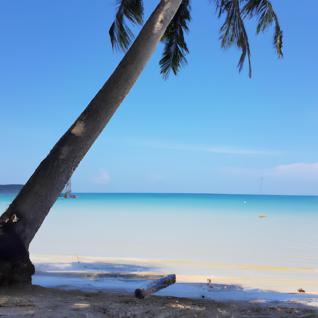 A beach with a palm tree on it and the water in the background.