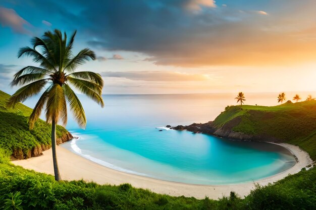 A beach with a palm tree on it