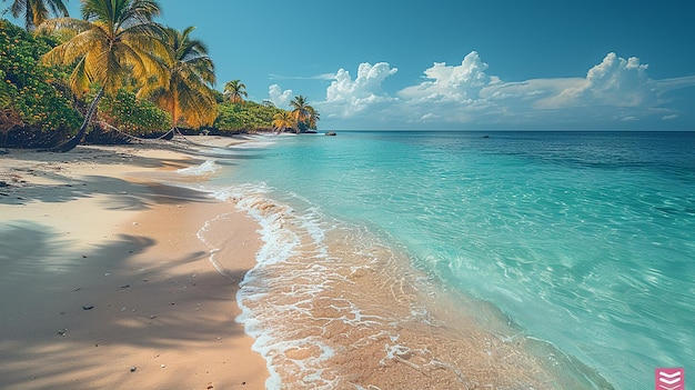 a beach with a palm tree on the left side