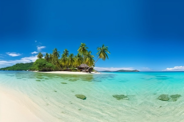 A beach with a palm tree on the left and a small hut on the right.