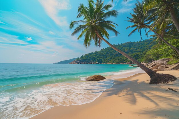 Photo a beach with a palm tree and the ocean in the background