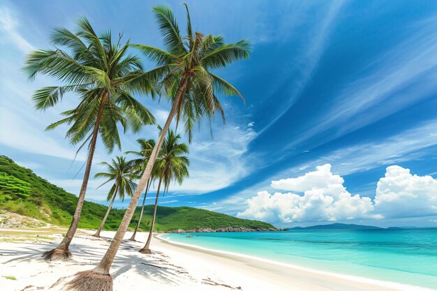 a beach with a palm tree and the ocean in the background