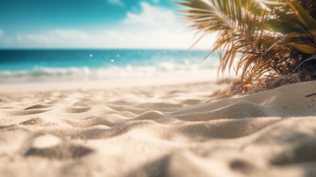 A beach with a palm tree and the ocean in the background