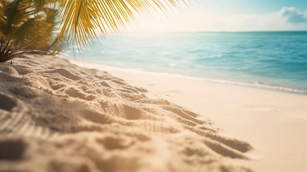 A beach with a palm tree and the ocean in the background