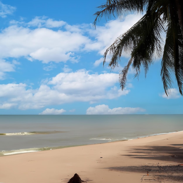 A beach with a palm tree and the ocean in the background