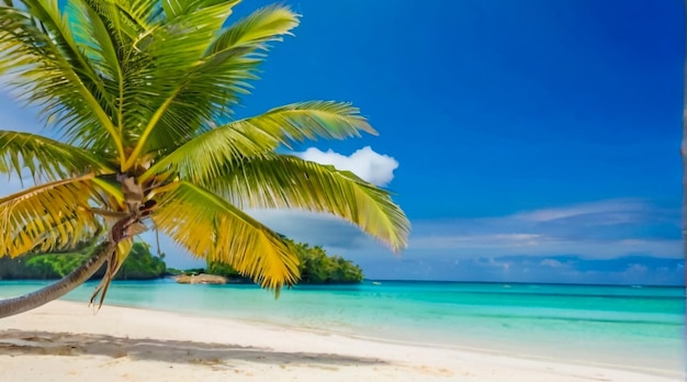 a beach with a palm tree and a person in the water