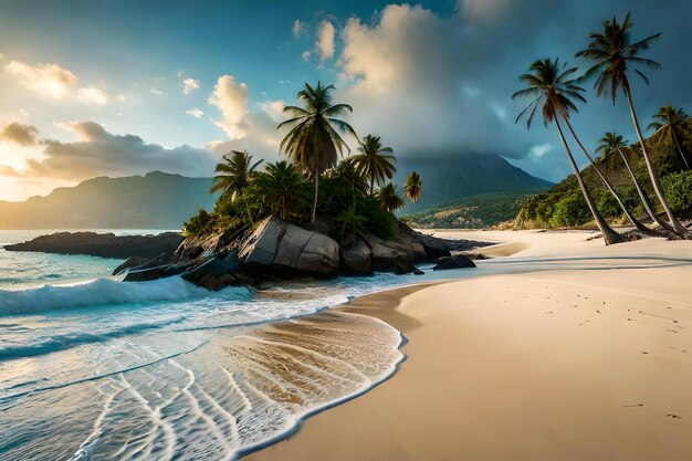 Пляж с пальмой на песке и океаном на заднем плане