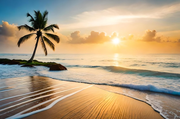 A beach with a palm tree on the sand