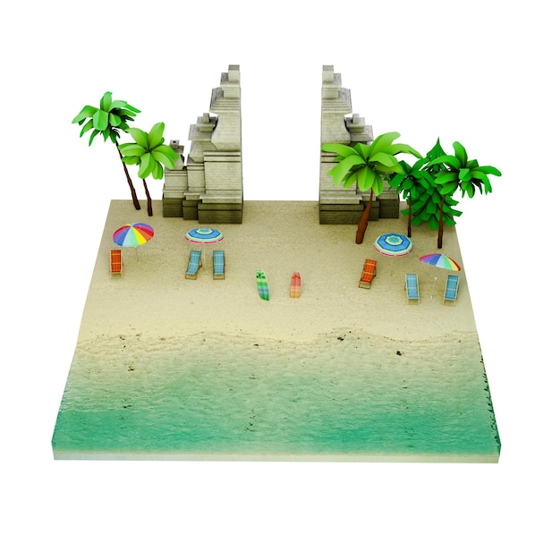 Beach with a palm tree and a small island with a small island in the middle