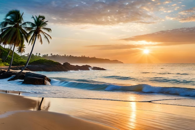 A beach with a palm tree and the sun setting over the ocean