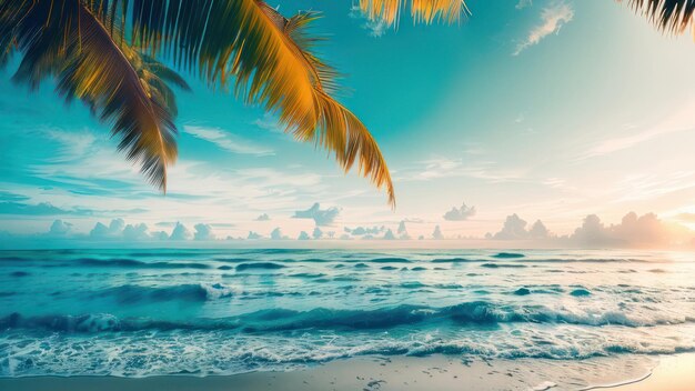 Photo a beach with a palm tree and the sun