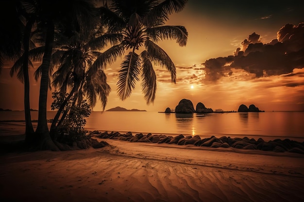 A beach with a palm tree and a sunset