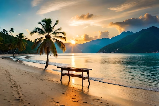 A beach with a palm tree and a table on it