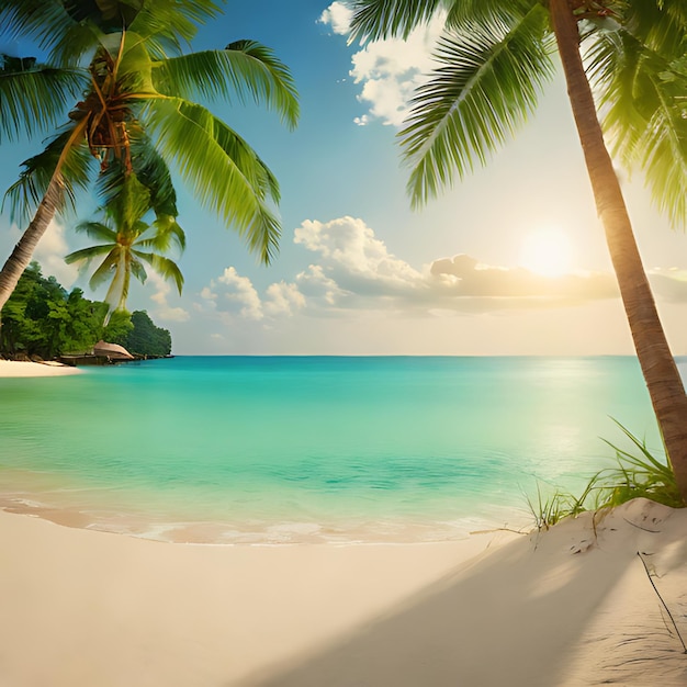 a beach with palm trees and a beach in the background