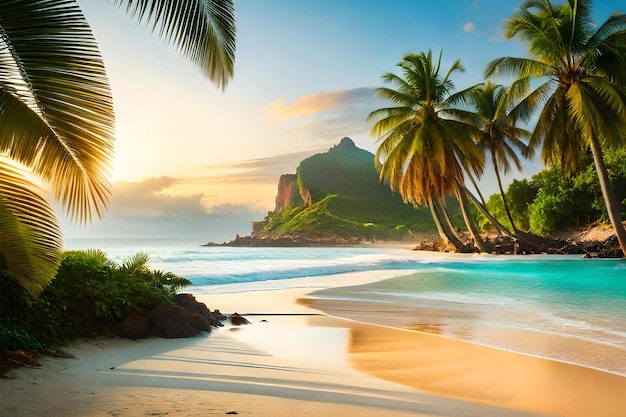 A beach with palm trees and a beach in the background