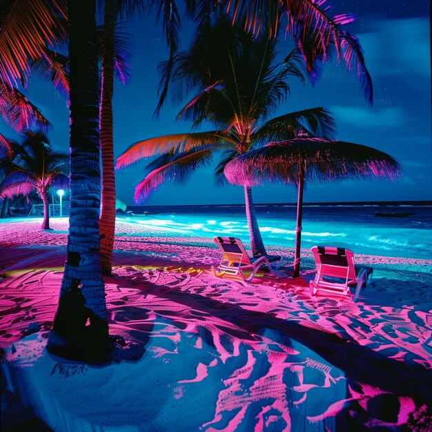 Foto una spiaggia con palme e una sedia da spiaggia con una scena da spiaggia sullo sfondo