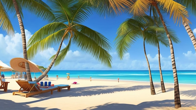 a beach with palm trees and a beach chair