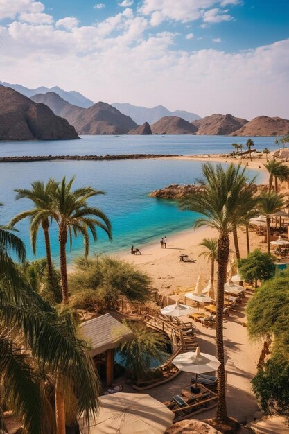 a beach with palm trees and a beach umbrella