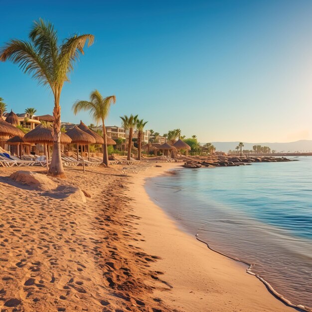 A beach with palm trees and a beach with a beach in the background