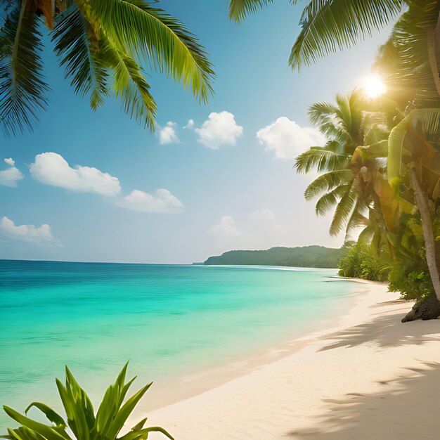 a beach with palm trees and a beach with a blue sky and the sun shining through the trees