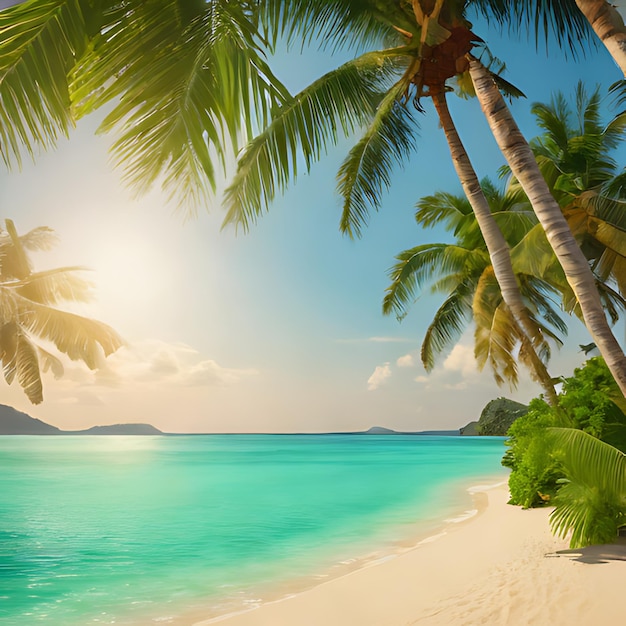 a beach with palm trees and a beach with a sky background