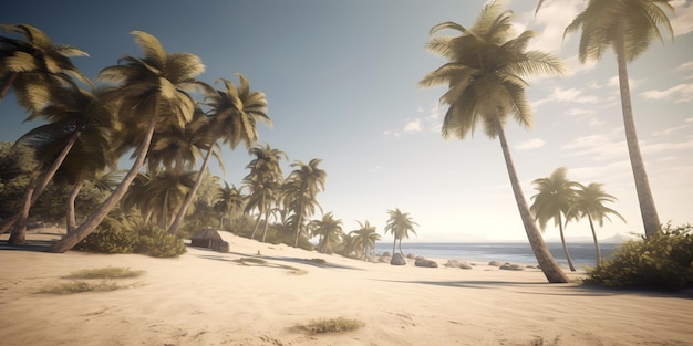 Пляж с пальмами Красивый тропический пляж и море Тропический пляж с кокосовыми пальмами Райский тропический пляж с белым песком Генеративный AI