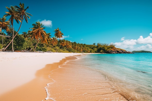 A beach with palm trees and a blue ocean in the background