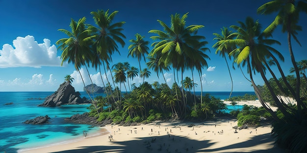 A beach with palm trees and a blue ocean in the background.